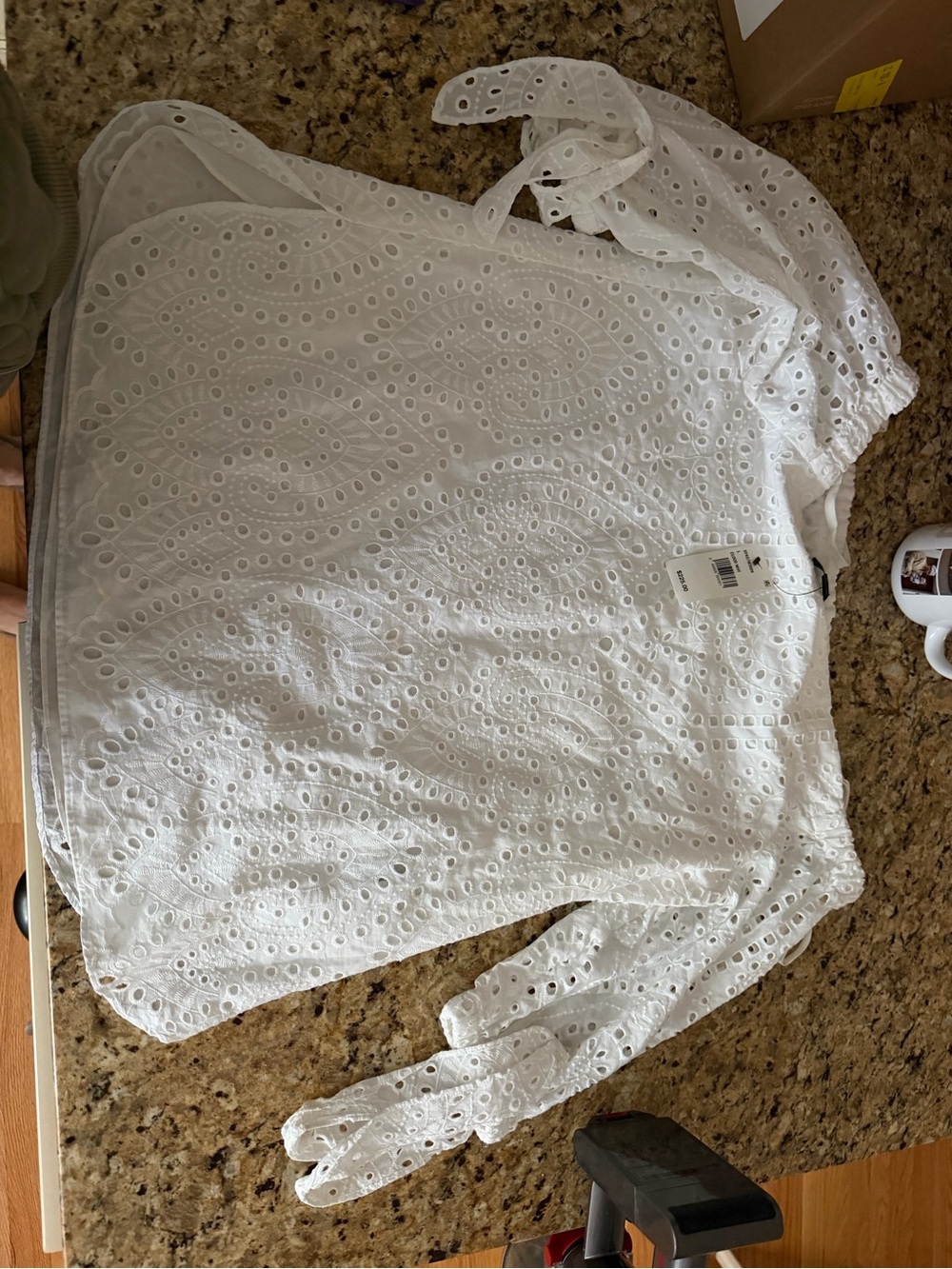 Saks Fifth Avenue White Eyelet Off-Shoulder Tie-Sleeve Blouse